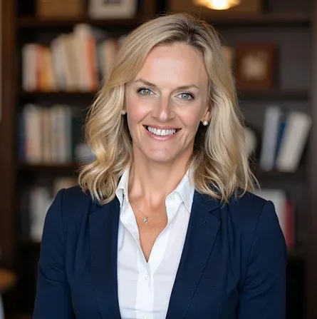 Professional woman with blonde hair wearing a navy blazer and white blouse, smiling.