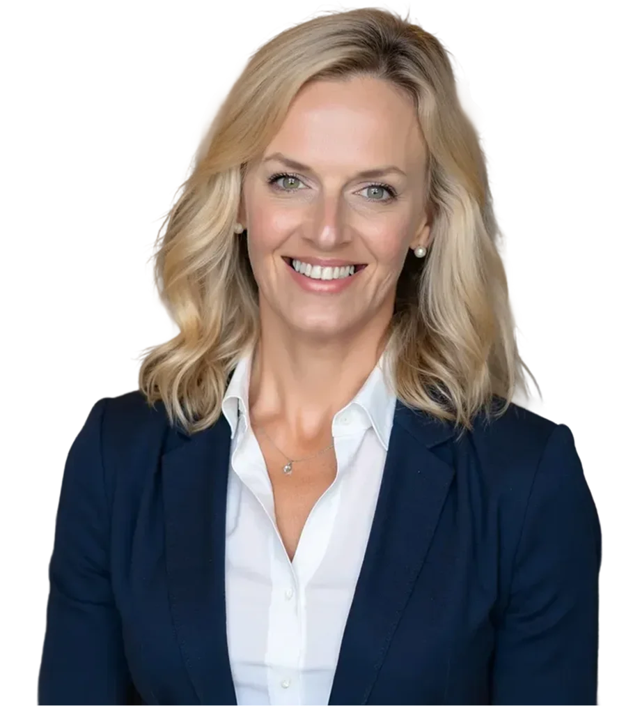 Professional portrait of a smiling blonde woman in a navy blazer and white shirt.