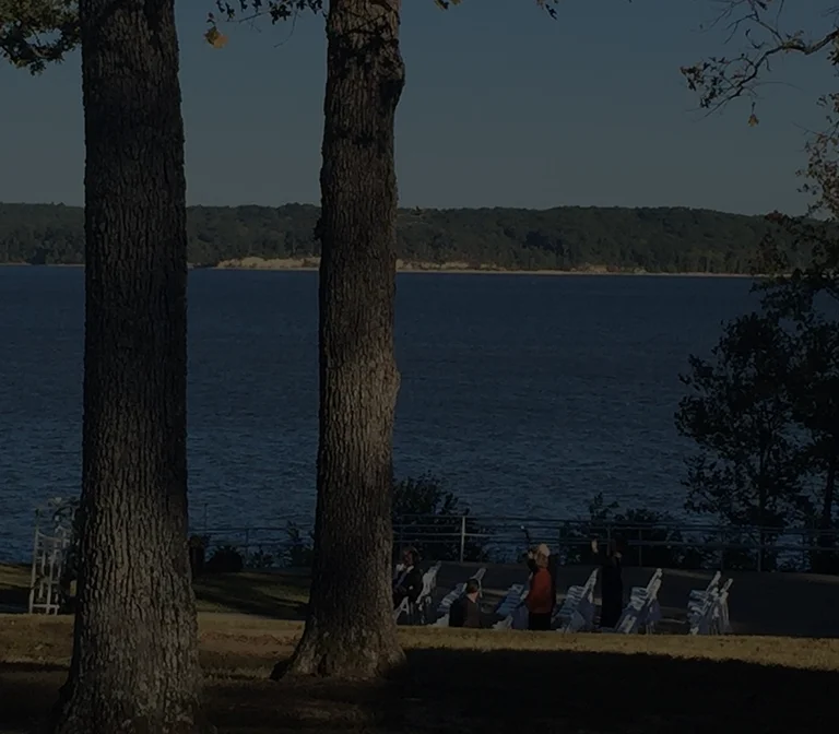 Two large tree trunks in the foreground overlooking a lake with people and white chairs near the shore.