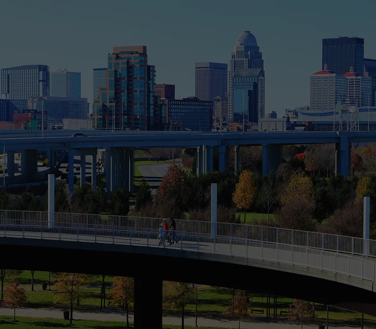 City skyline with modern buildings, elevated highway, and pedestrians on curved bridge.