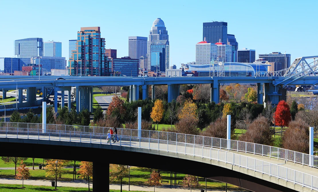 City skyline with modern buildings, elevated highways, autumn trees, and a pedestrian bridge.