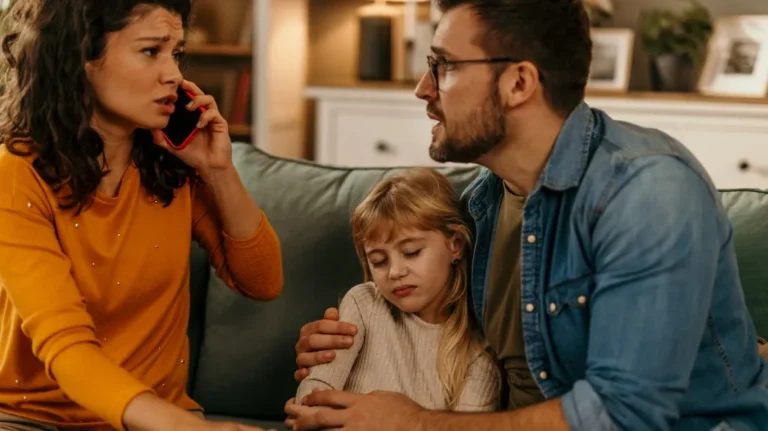 A concerned woman in an orange sweater talks on the phone while a man in glasses comforts a sad young girl on a green couch.
