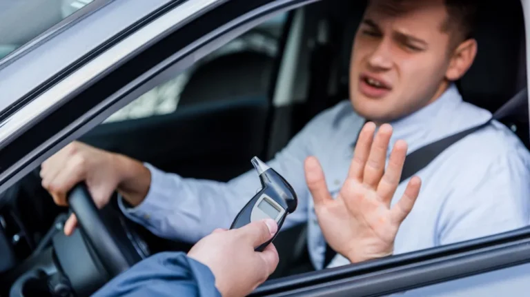 Man inside a car refusing to take a breathalyzer test held by an officer outside the vehicle.